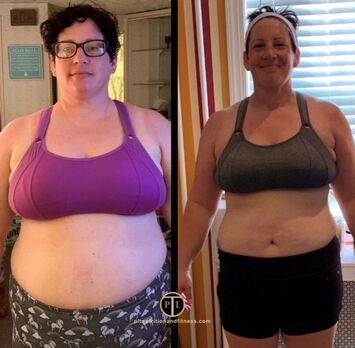 before and after of woman in glasses, lost 40 pounds
